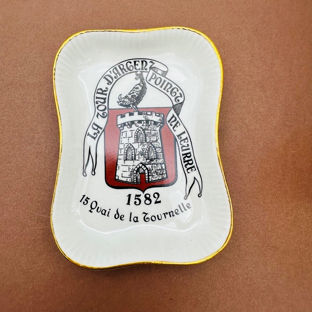 Vintage Longchamp La Tour d'Argent Paris Porcelain Trinket Dish Gold Rim France